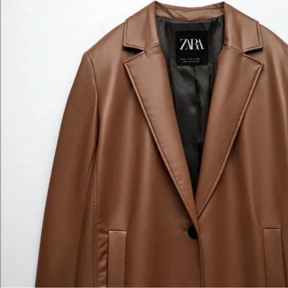 Zara Faux Leather Longline Duster Blazer Top Coat Jacket Cognac Brown Medium - Picture 5 of 11